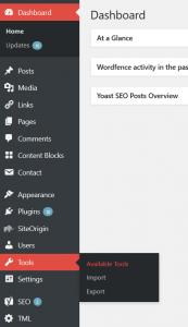 WordPress Dashboard showing location of Toos>Available Tools>Press This